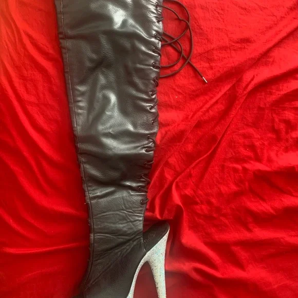 Pleaser Black thigh rhinestone 7inch platform boots - Picture 2 of 11